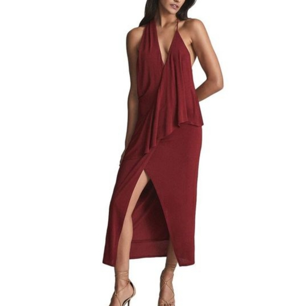 Reiss Wine Red Draped Halter Midi Dress